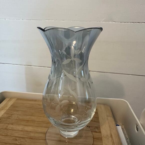 LENOX~ Floral Spirit 9” Blue Glass Vase -Cut Crystal Floral Etched w/Box - Picture 2 of 7